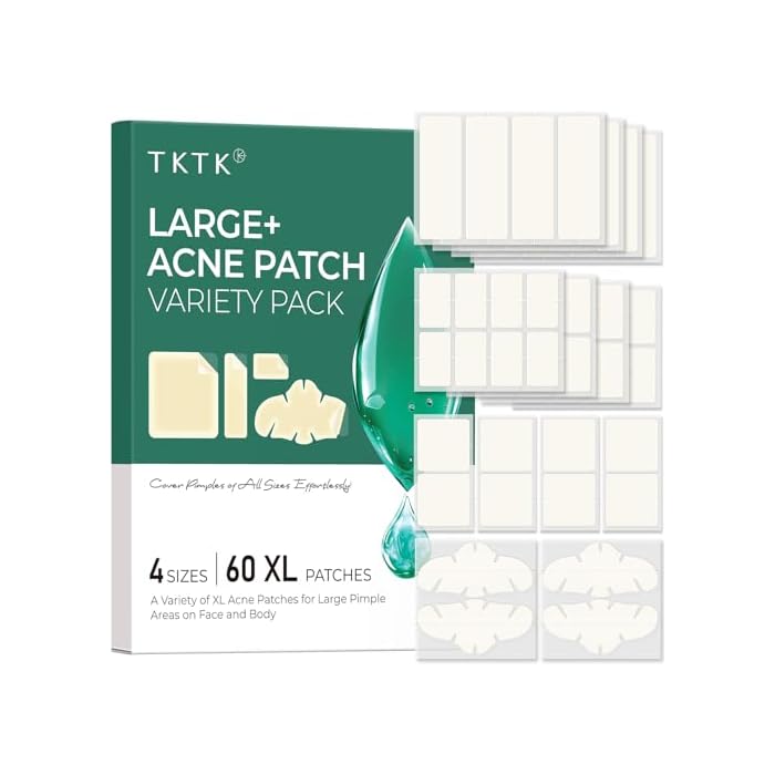 TKTK Large+ Pimple Patches Pack, 4 Big Sizes Hydrocolloid Acne Patch for Face Body, XL Hydrocolloid Nose Pore Strips, Covering Zit Breakouts & Absorb Oil for All Skin Types (60 Count)
