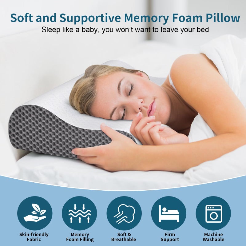 Ylekto Cervical Neck Pillow for Pain Relief, Contour Memory Foam Pillows Ergonomic Pillow for Sleeping Bed Pillow Neck Support with Cooling Pillowcase Orthopedic Pillow for Side Back Sleepers - Image 2