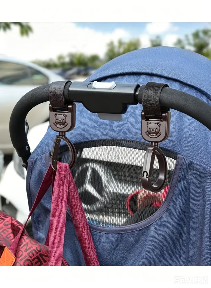 Amanli 2 Pcs Non-Slip Baby Stroller Hooks with Lovely Bear Pattern, 360-Degree Rotating Stroller Bag Clips for Hanging Diaper Bags（Coffee） - Image 3
