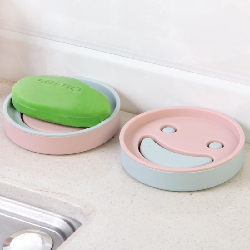 Krivety KRIVETY Cartoon Smile Face Pattern Double Layer Soap Dish Durable Bathroom Soap Holder Scented Soap Box Drain Function Case Soap Holder Shower with Round Sizes 2 Pieces Round Round  - Image 5