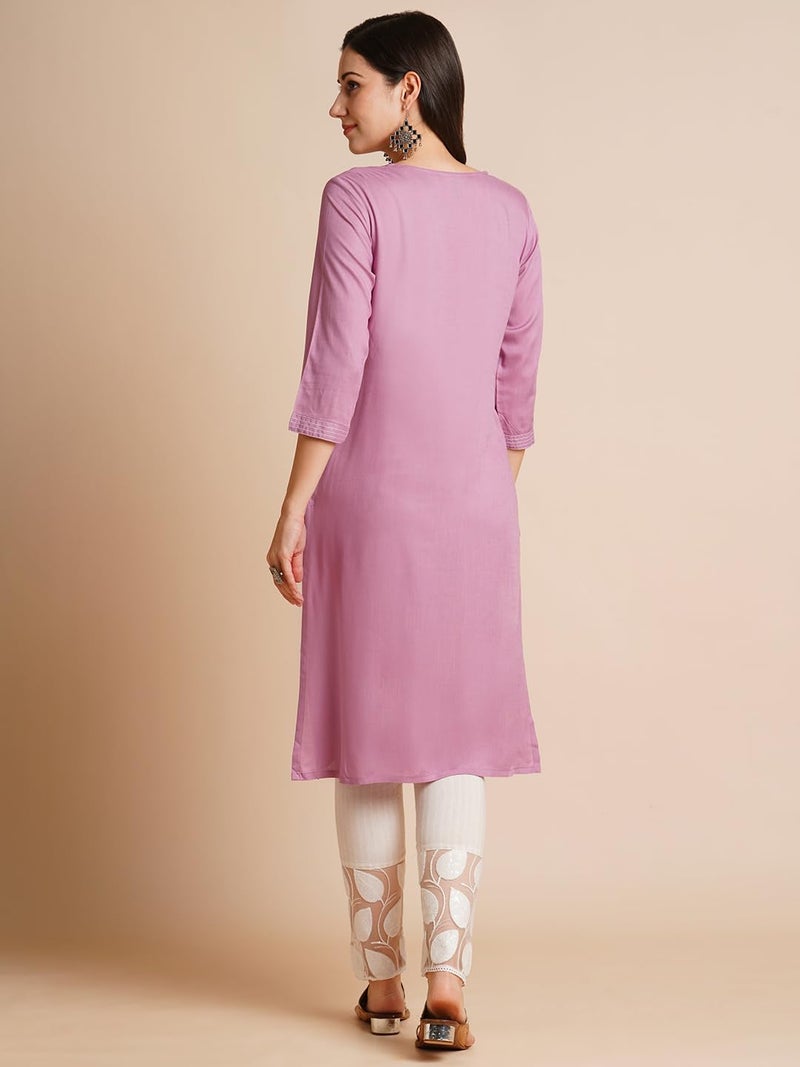 RATAN Women Rayon Regular Straight Embroidered Ethnic Wear Kurta (FLK-1316-Small_Lavender) - Image 4