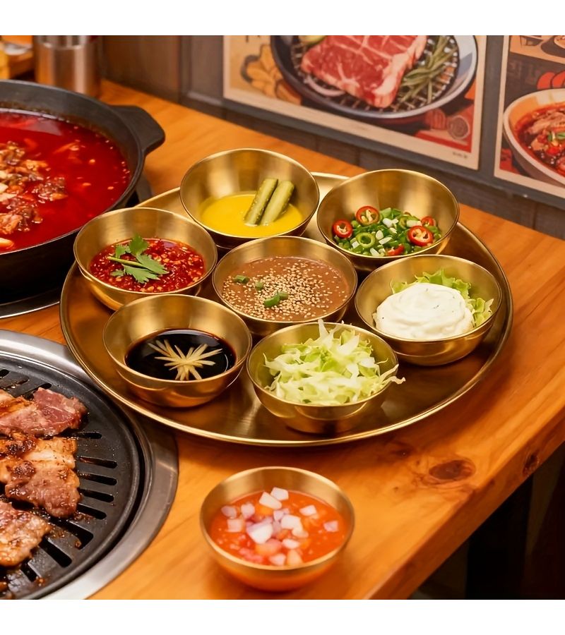 Silvery 8 Piece Stainless Steel Sauce Bowls With Tray Set Durable Serving Plate - Image 2
