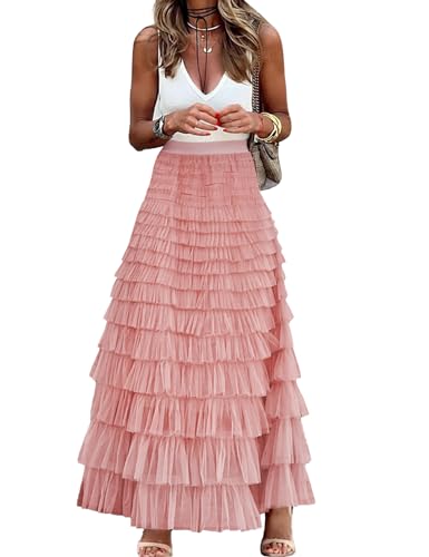 Gratoryna Womens Long Maxi Tulle Skirt A Line Ruffle Mesh High Waisted Tiered Layered Skirts Petticoat(Rosepink-S) - Image 5