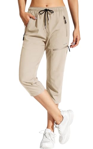 MOCOLY Women's Hiking Capris Pants Outdoor Lightweight Quick Dry Water Resistant UPF 50 Cargo Pants with Zipper Pockets Khaik M - Image 1