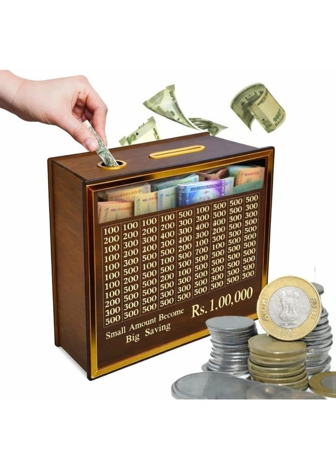 DEILYVERY Wooden Money Saving Box with Lock, Big Size Piggy Bank, 1 Lakh Target with Numbers, Undiyal Hundi for Kids and Adults (Golden) - Image 3