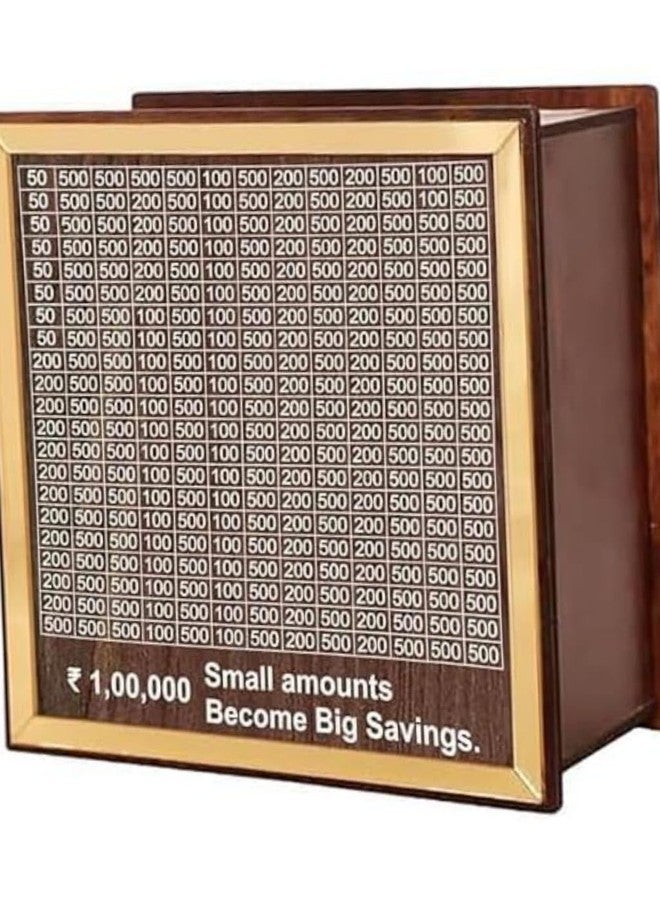 DEILYVERY Wooden Money Saving Box with Lock, Big Size Piggy Bank, 1 Lakh Target with Numbers, Undiyal Hundi for Kids and Adults (Golden) - Image 1