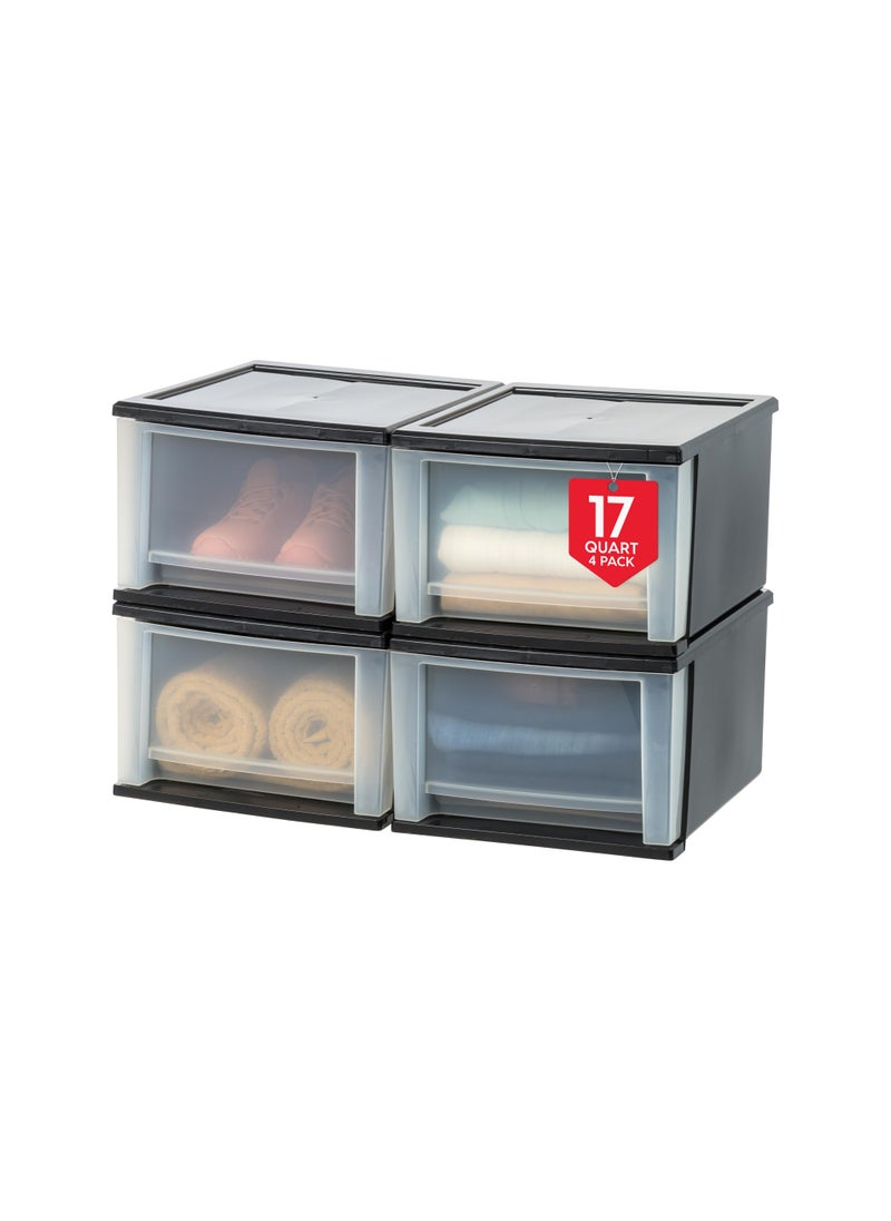 IRIS IRIS USA 17 Qt Plastic Drawer Storage Organizer Stacking Drawers 4Pack Stackable Unit with Sliding Drawer for Clothes Bedroom Kitchen Under Sink Pantry Craft Room Bathroom Dorm Office Black 