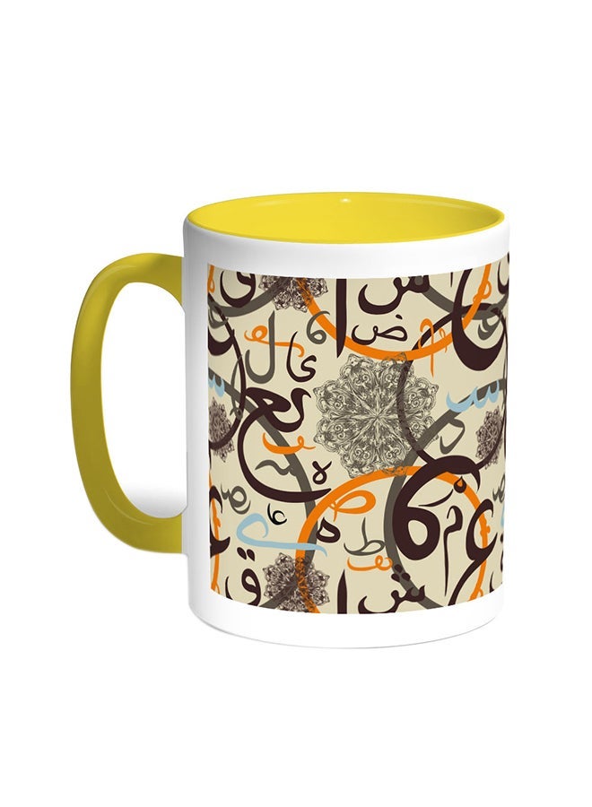 RYN Arabic Letters Printed Coffee Mug Yellow/White 11ounce