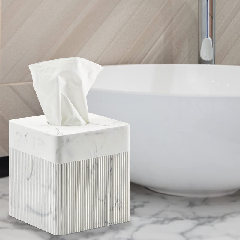 Polytree White Tissue Box Cover Square Resin Tissue Holder for Home Decor, Hand Poured Marble Ribbed Cube Tissue Box Holder â€“ 5.5 Inch Heavy Duty Luxury Tissue Box Case for Bathroom, Living Room, Office - Image 3
