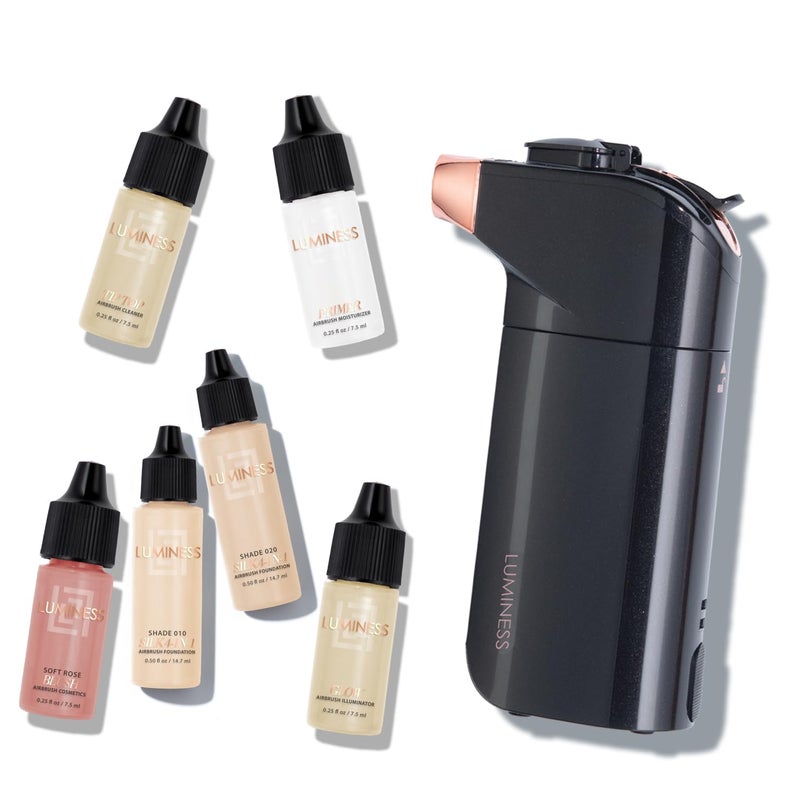 Luminess BREEZE DUO Airbrush Makeup System, Fair Coverage â€“ 9-Piece Kit includes 2x Silk Airbrush Foundation, Soft Rose Blush, Glow Highlighter, Moisturizer Primer, and Airbrush Cleaning Solution - Image 1
