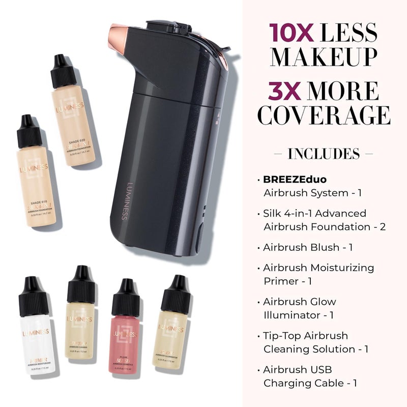 Luminess BREEZE DUO Airbrush Makeup System, Fair Coverage â€“ 9-Piece Kit includes 2x Silk Airbrush Foundation, Soft Rose Blush, Glow Highlighter, Moisturizer Primer, and Airbrush Cleaning Solution - Image 2