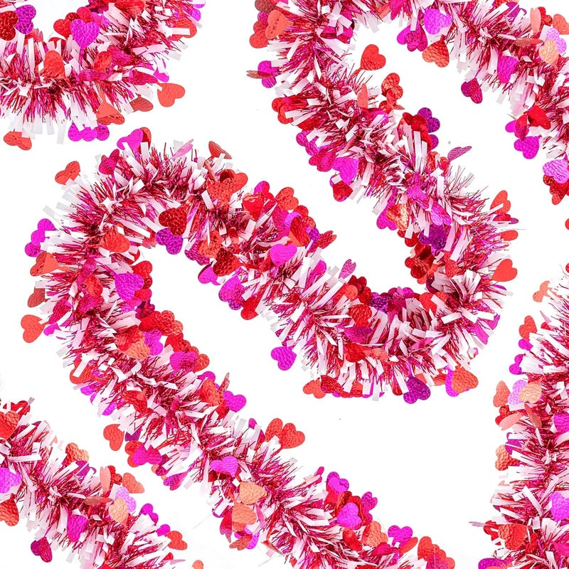 Jocomoni 33Ft Valentine's Day Heart Tinsel Garland, Red Pink White Metallic Twisted Tinsel with Heart Confetti Glitter Hanging Garland for Valentine's Day Decoration - Image 4