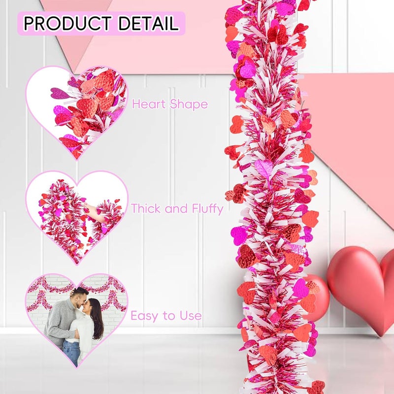 Jocomoni 33Ft Valentine's Day Heart Tinsel Garland, Red Pink White Metallic Twisted Tinsel with Heart Confetti Glitter Hanging Garland for Valentine's Day Decoration - Image 2