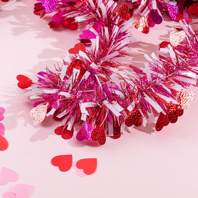 Jocomoni 33Ft Valentine's Day Heart Tinsel Garland, Red Pink White Metallic Twisted Tinsel with Heart Confetti Glitter Hanging Garland for Valentine's Day Decoration - Image 5
