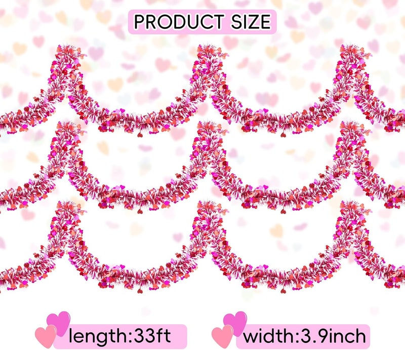 Jocomoni 33Ft Valentine's Day Heart Tinsel Garland, Red Pink White Metallic Twisted Tinsel with Heart Confetti Glitter Hanging Garland for Valentine's Day Decoration - Image 3