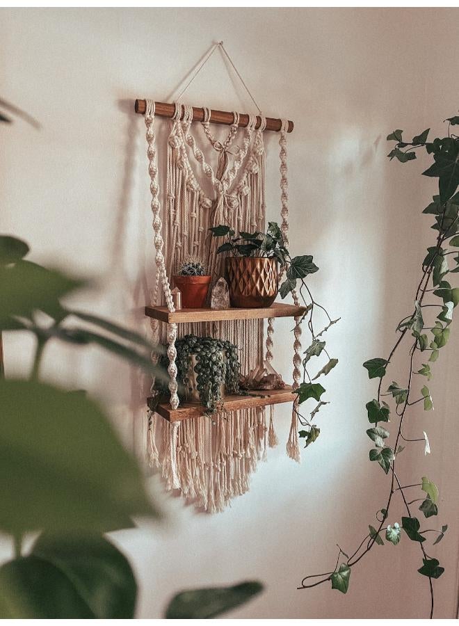 انتيكيانو رف معلق على الحائط بخيوط مكرمية.. ديكور حائط بوهيمي لغرفة النوم - فن جداري من حبل مكرمية منسوج كديكور لرف - Image 1