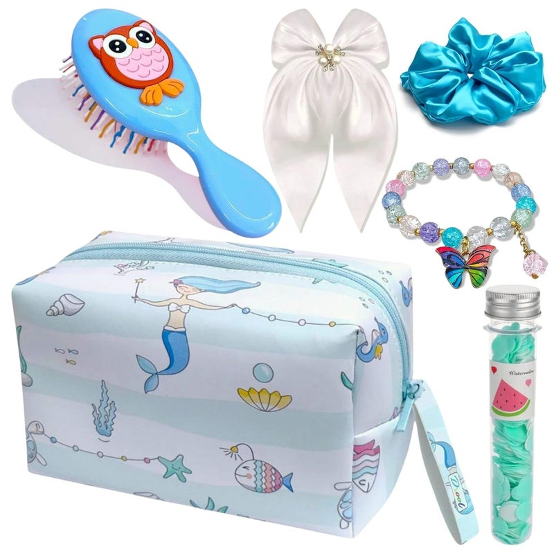 Tera13 Girls Kids Gift Set, Mermaid Zipper Pouch with Hair Accessories Kit (Pack of 6) Combo Set for Women & Gir-ls, B-Day, Kanjak, Rakhi Return Gift for Girls Gi-ft Items, Pouch, Hair Clip Rubber - Image 1