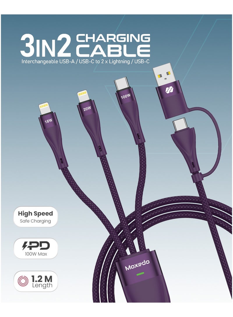 Moxedo Moxedo 3 in 2 Charging Cable Interchangeable USB-A/USB-C to L (2X)/ USB-C PD Fast Charging 100W 1.2m Length Braided Cable for Phones, Tablets, Headphones (Purple)  - Image 5