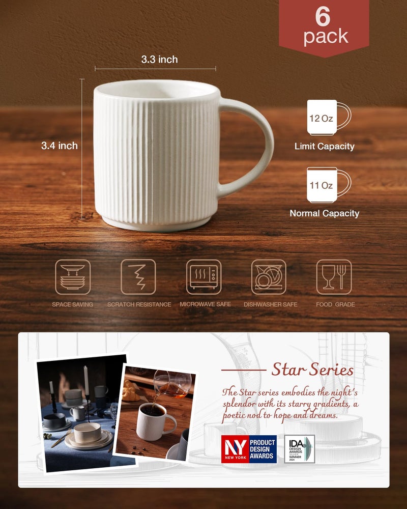 famiware Coffee Mug Set for 6, Star 12 oz Catering Mugs Cup Set with Handle for Coffee, Tea, Cocoa, Milk - Ceramic Stoneware Drinkware Set, Matte White - Image 4