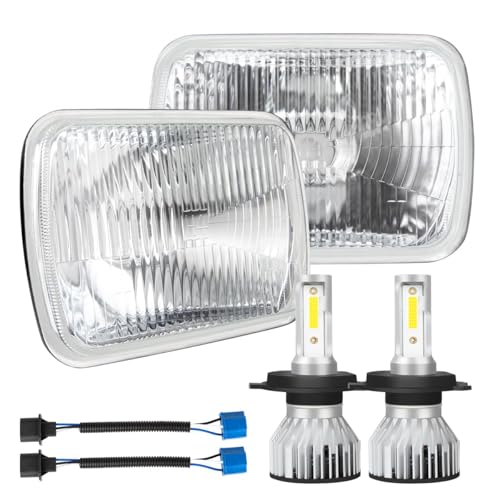 IHNZCB 7X6 Inch H6054 Glass Square Headlight Housing + H4/9003 High Low Beam Bulbs for Cars,Truck and Van,Halogen Sealed High Low Dual Beam,OEM Style Original Classic Look Conversion Assembly Pair Kit - Image 1