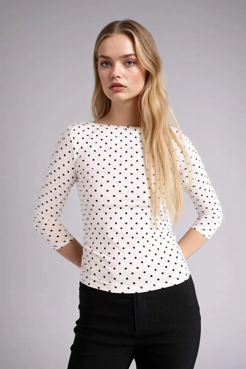 ديفاكتو Polka Dot Fitted Boat Neck Blouse