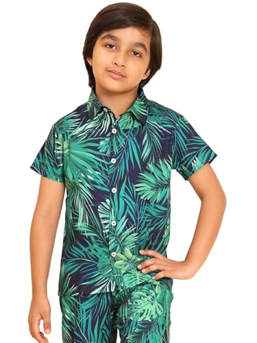 ENCIGER Boys Printed Casual Hawaiian Shirt Short Sleeve Button Down Beach Shirt for Kids (KS1_Green Navy_8_9Y) - Image 4
