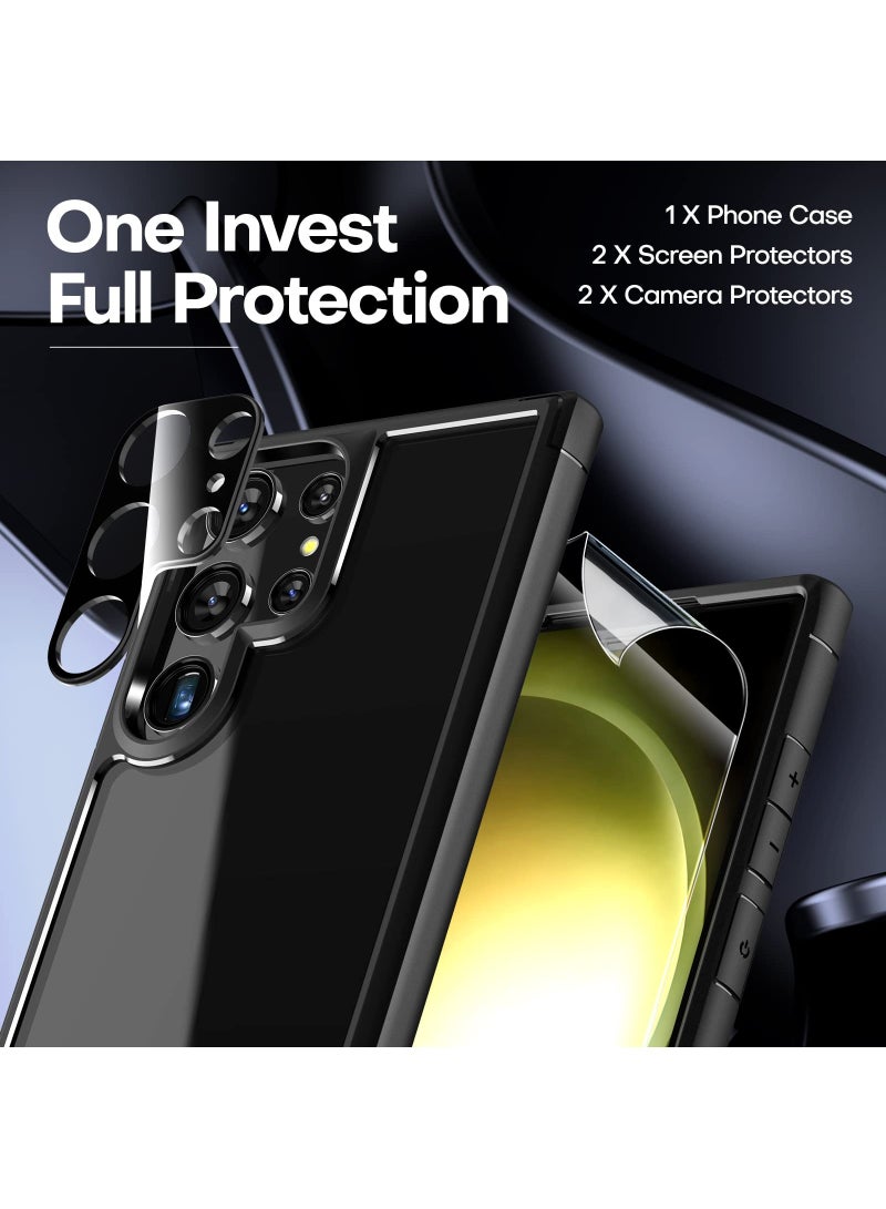 غطاء خلفي أسود شفاف 5 في 1 لهاتف Samsung Galaxy S23 Ultra مقاس 6.8 بوصات X1، واقي شاشة ناعم من مادة TPU X2، واقي زجاجي مقوى لعدسة الكاميرا X2، حافظة هاتف شفافة رفيعة وملحقات حماية - Image 3