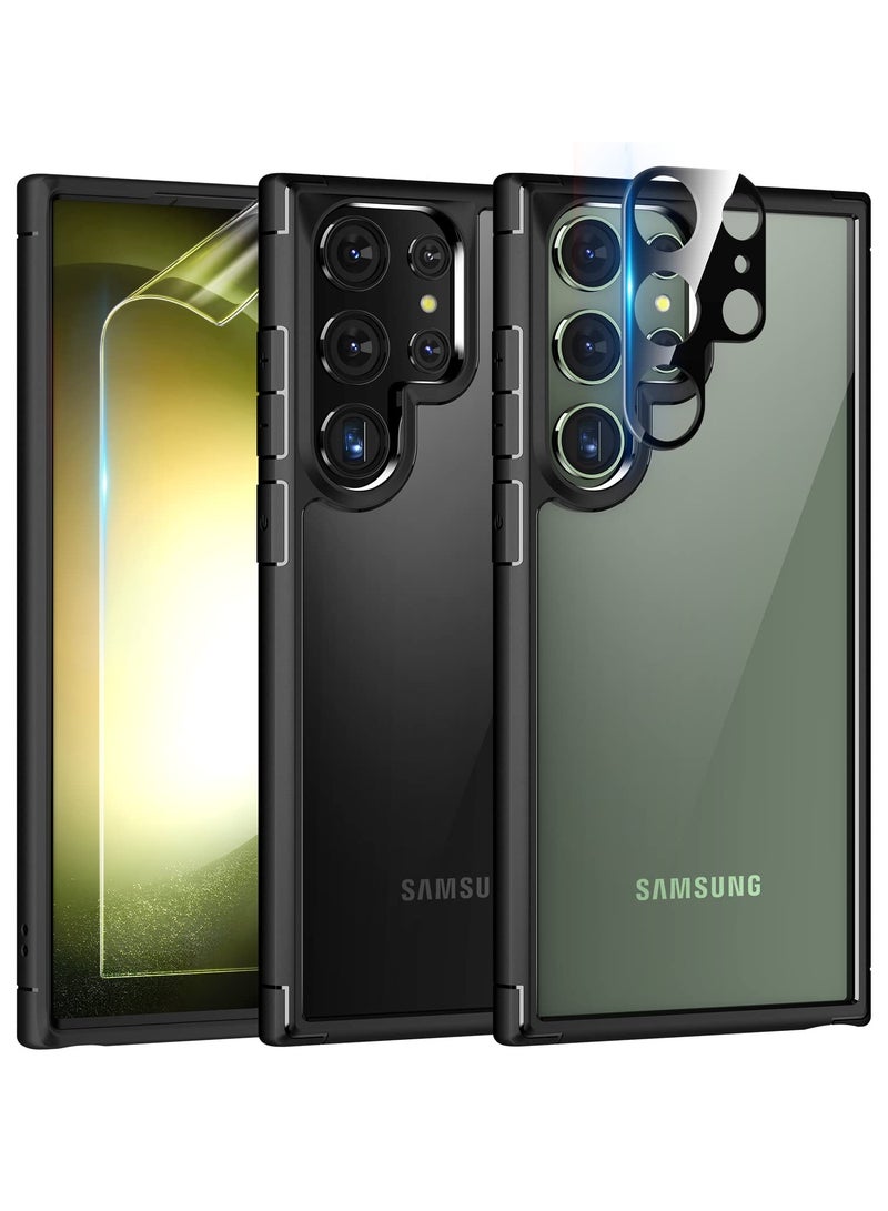 غطاء خلفي أسود شفاف 5 في 1 لهاتف Samsung Galaxy S23 Ultra مقاس 6.8 بوصات X1، واقي شاشة ناعم من مادة TPU X2، واقي زجاجي مقوى لعدسة الكاميرا X2، حافظة هاتف شفافة رفيعة وملحقات حماية - Image 1