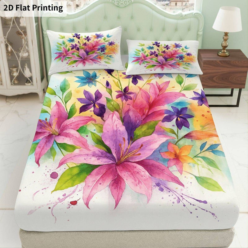 3Pcs Queen Size Fitted Sheet Set Floral Watercolor Artistic Pattern Colorful Flowers Bedding Soft Breathable Mattress Protector - Image 1