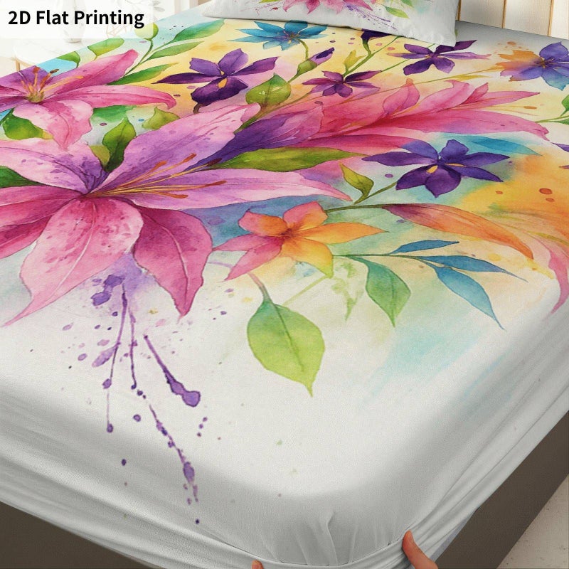 3Pcs Queen Size Fitted Sheet Set Floral Watercolor Artistic Pattern Colorful Flowers Bedding Soft Breathable Mattress Protector - Image 5