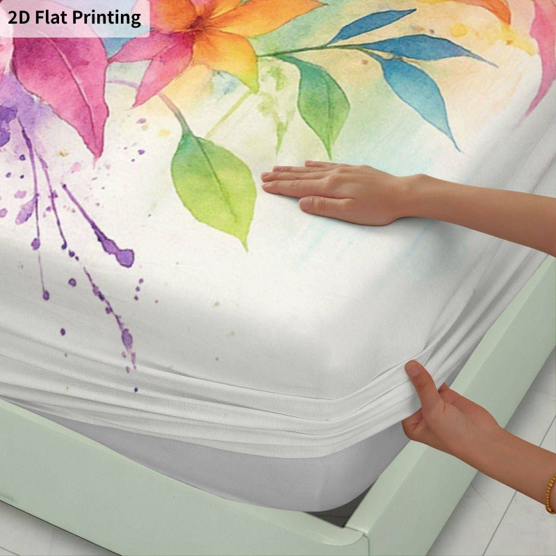 3Pcs Queen Size Fitted Sheet Set Floral Watercolor Artistic Pattern Colorful Flowers Bedding Soft Breathable Mattress Protector - Image 2