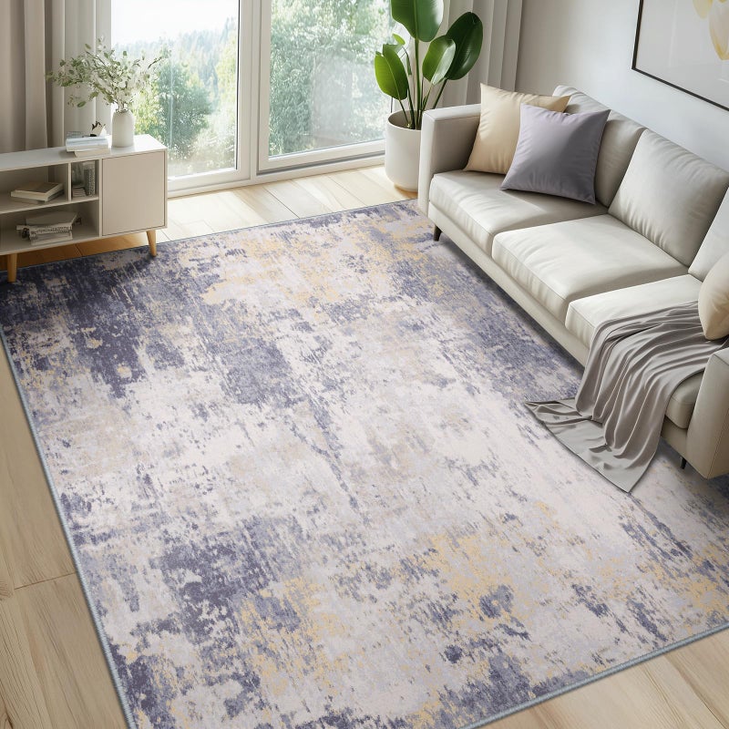 RELEANY Washable Area Rugs 5x7 NonSlip Modern Abstract Soft for Living Room Entryway Bedroom Nursery Print Pattern Purple Grey Cream Yellow