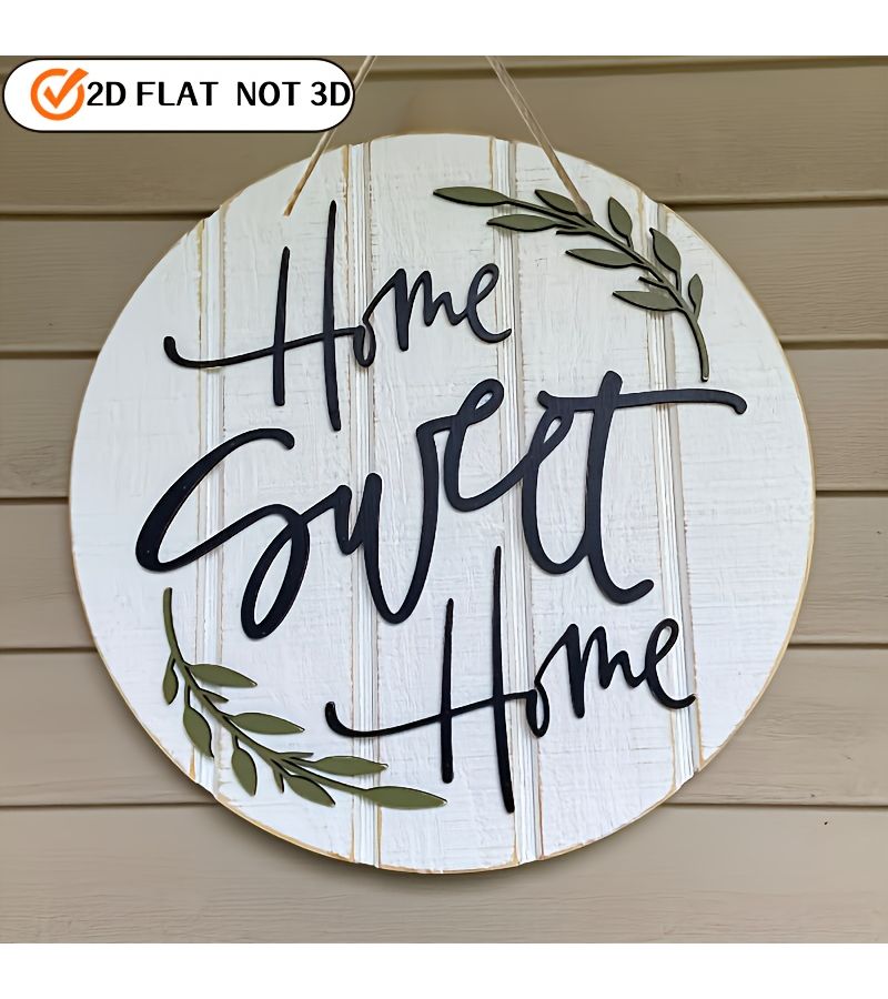 Timber 2D Flat Rustic Home Sweet Home Wooden Wall Sign Circular Farmhouse Decor with Leaf Accents Light Wood Background Black Font Perfect for Front Door or Family Entrance Decorative Wall Hanging - Image 1