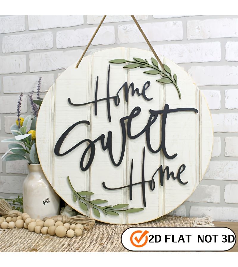 Timber 2D Flat Rustic Home Sweet Home Wooden Wall Sign Circular Farmhouse Decor with Leaf Accents Light Wood Background Black Font Perfect for Front Door or Family Entrance Decorative Wall Hanging - Image 4