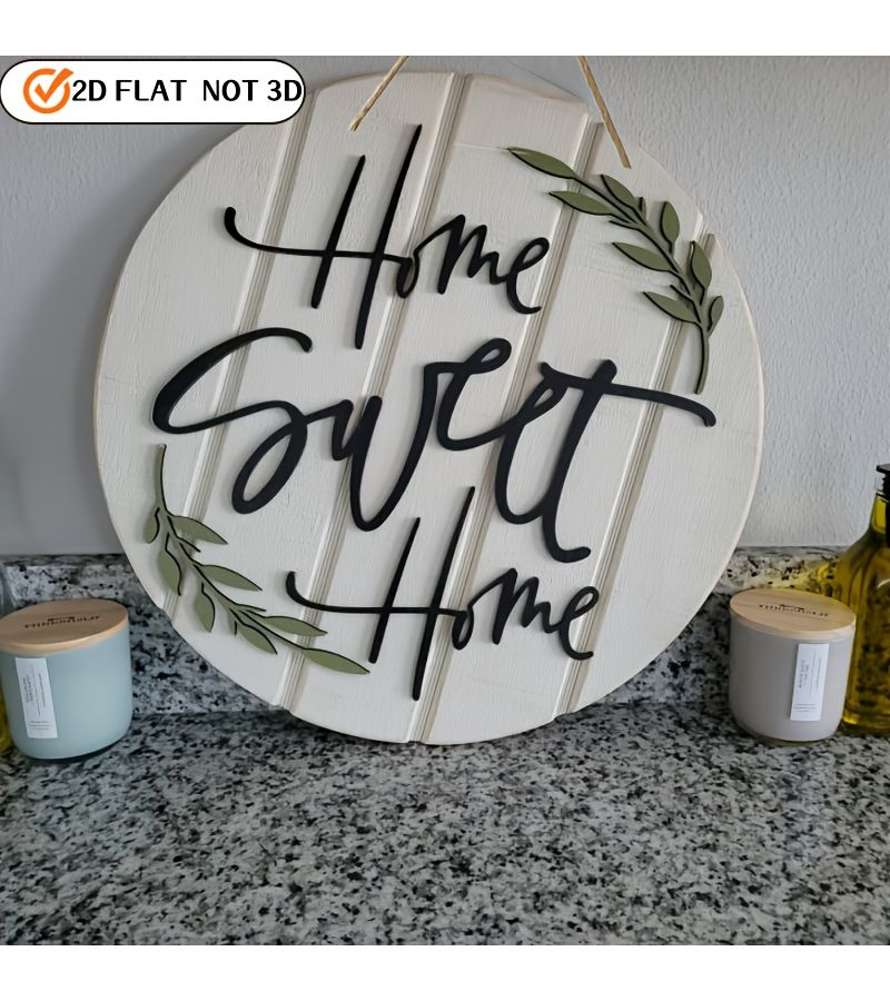 Timber 2D Flat Rustic Home Sweet Home Wooden Wall Sign Circular Farmhouse Decor with Leaf Accents Light Wood Background Black Font Perfect for Front Door or Family Entrance Decorative Wall Hanging - Image 2