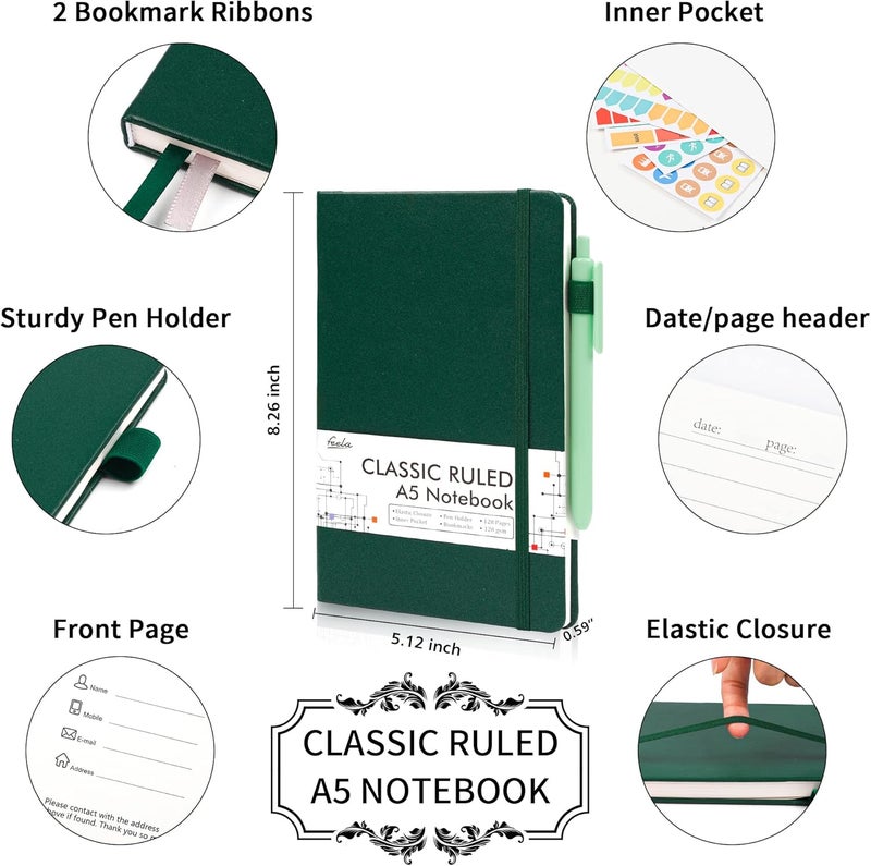 Feela 5 Pack Journal Notebook Bulk for School, Hardcover Business Notebooks Classic Ruled Lined Journals with Pen Holder for Work Note Taking, with 5 Black Pens, 120 GSM, 5.1”x8.3”, A5, Dark Green - Image 2