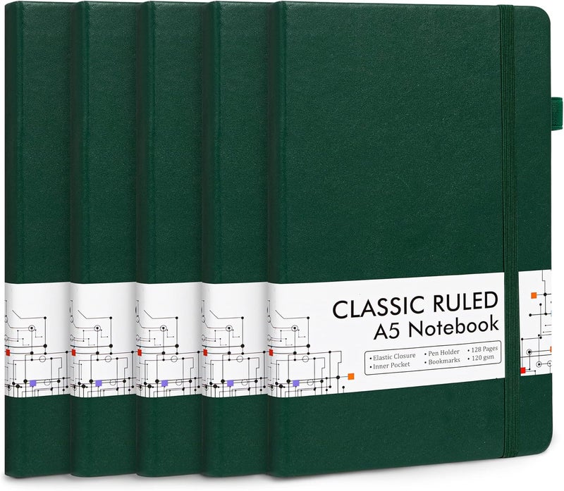 Feela 5 Pack Journal Notebook Bulk for School, Hardcover Business Notebooks Classic Ruled Lined Journals with Pen Holder for Work Note Taking, with 5 Black Pens, 120 GSM, 5.1”x8.3”, A5, Dark Green - Image 1