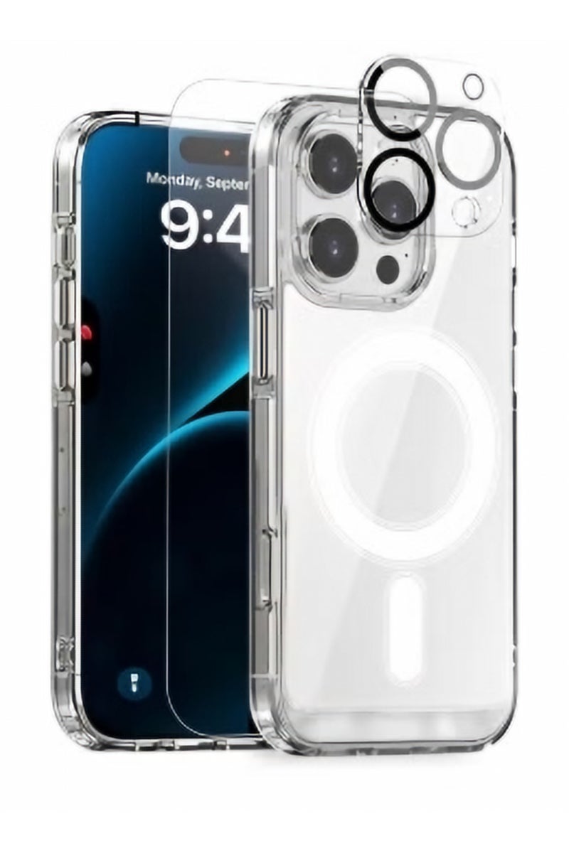 Case 3 in 1 Combo Compatible iPhone 16 Pro, Clear Magnetic Case, Screen Protector and Lens Cover - Image 1