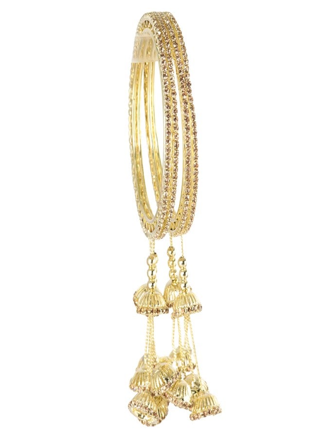 NMII Premium Alloy Metal Kada Set With Zircon Gemstone & Linked With Bell Latkan For Women & Girls | Diamond Stone Bangle | Party Chudi | Kangan with Hang - Set Of 4 (MAH162_1002-Latkan-Kada-Gold-2.4) - Image 1