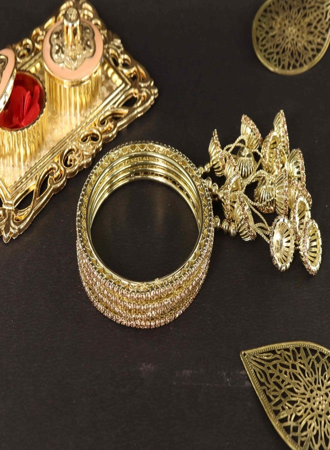 NMII Premium Alloy Metal Kada Set With Zircon Gemstone & Linked With Bell Latkan For Women & Girls | Diamond Stone Bangle | Party Chudi | Kangan with Hang - Set Of 4 (MAH162_1002-Latkan-Kada-Gold-2.4) - Image 4