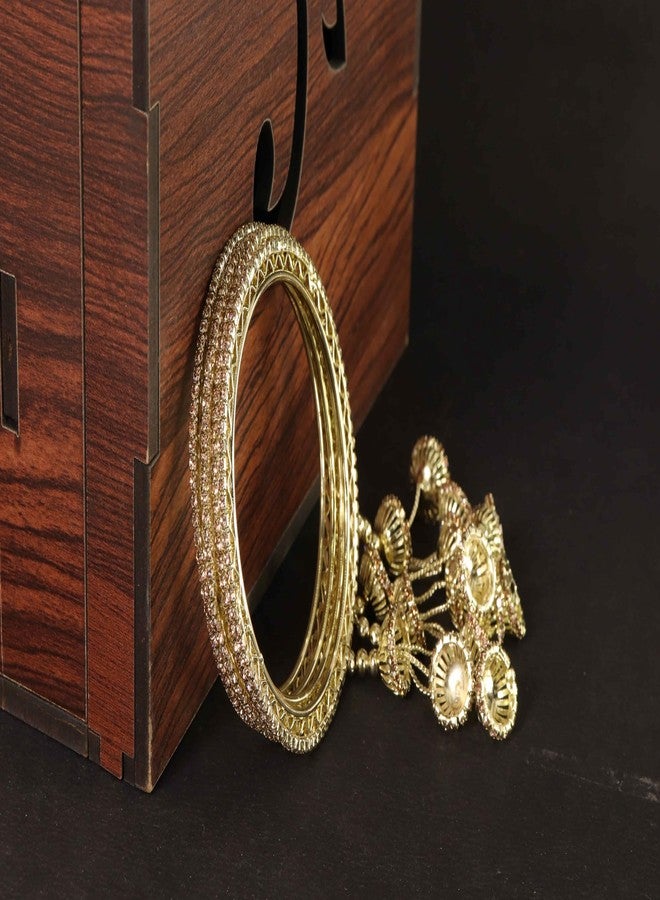 NMII Premium Alloy Metal Kada Set With Zircon Gemstone & Linked With Bell Latkan For Women & Girls | Diamond Stone Bangle | Party Chudi | Kangan with Hang - Set Of 4 (MAH162_1002-Latkan-Kada-Gold-2.4) - Image 3
