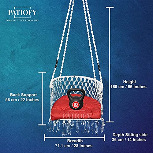 Patiofy Made In India Premium Single Seater Cotton Swing Chair For Adults,Kids Hammock-Hanging Chair Swing With Cushion And Accessories (White), 20 Centimeters, 138 Centimeters - Image 4