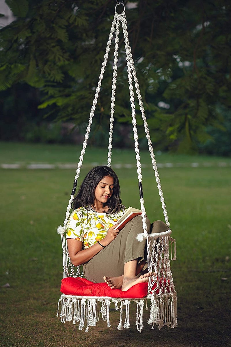 Patiofy Made In India Premium Single Seater Cotton Swing Chair For Adults,Kids Hammock-Hanging Chair Swing With Cushion And Accessories (White), 20 Centimeters, 138 Centimeters - Image 2