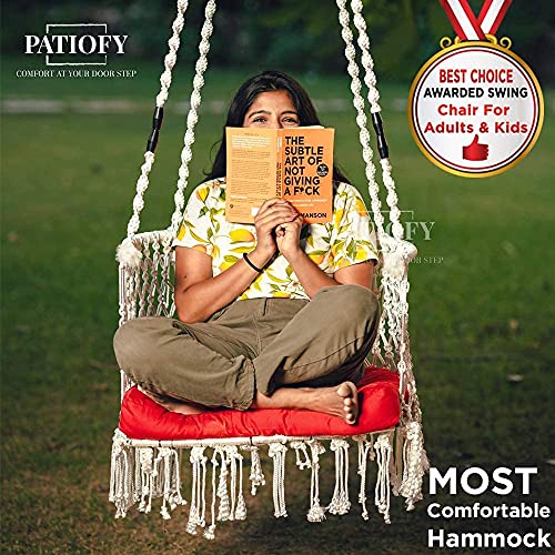 Patiofy Made In India Premium Single Seater Cotton Swing Chair For Adults,Kids Hammock-Hanging Chair Swing With Cushion And Accessories (White), 20 Centimeters, 138 Centimeters - Image 3