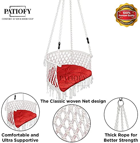 Patiofy Made In India Premium Single Seater Cotton Swing Chair For Adults,Kids Hammock-Hanging Chair Swing With Cushion And Accessories (White), 20 Centimeters, 138 Centimeters - Image 5