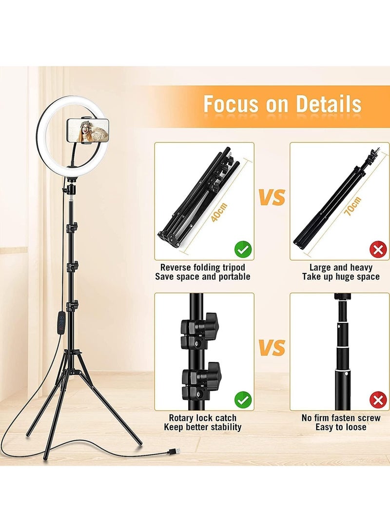 10'' Ring Light with 50'' Extendable Tripod Stand, LED Circle Lights with Phone Holder for Live Stream/Makeup/YouTube Video/TikTok, Compatible with All Phones - Image 3