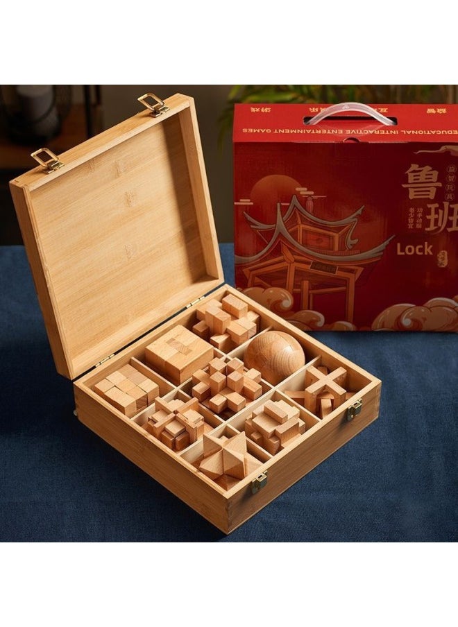 null - Luban Lock Kongming Lock Beech Wood Unlock Unleash Unleash Children's Educational Assembled Building Blocks Toys For Boys And Elementary School Students Cheap-Colour:[high-end Wooden Box] 9-piece Set C (recommended For Junior High School Students) - Image 1