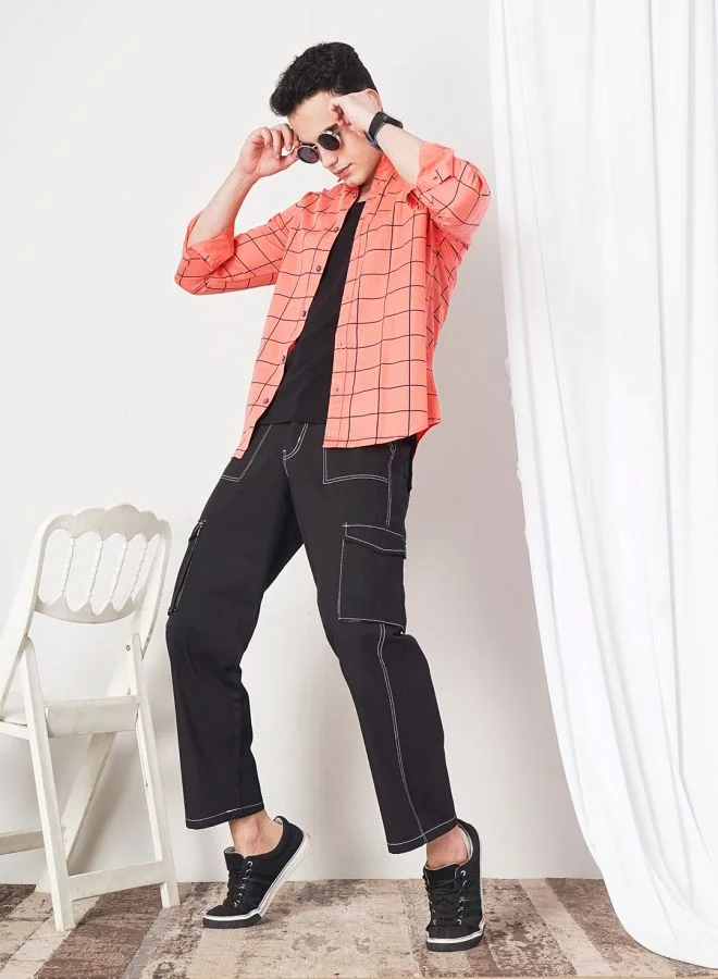 The Indian Garage Co Men Slim Fit Checkered Full Sleeves Cutaway Collar Casual Shirt