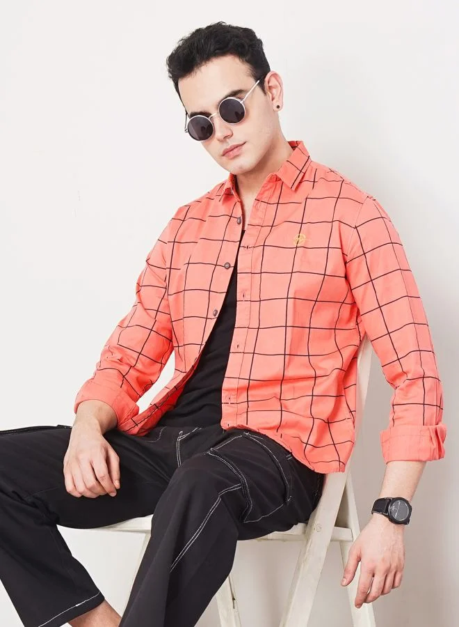 The Indian Garage Co Men Slim Fit Checkered Full Sleeves Cutaway Collar Casual Shirt