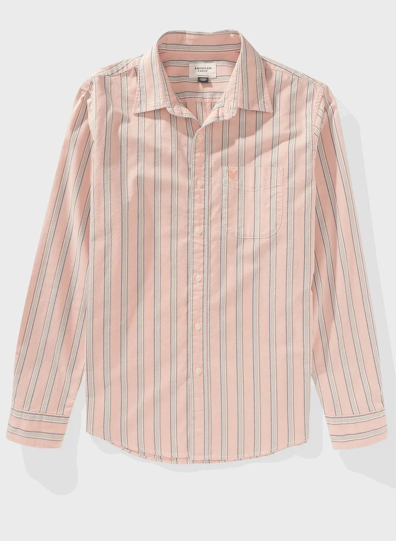امريكان ايجل Embroidered Logo Stripe Slim Fit Oxford Shirt